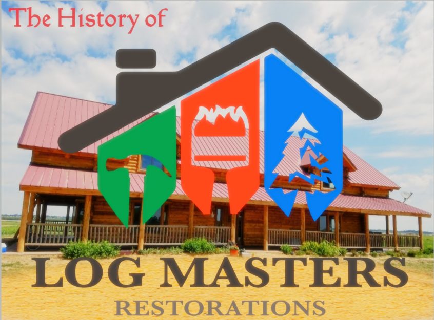 A large Log Masters Restorations Logo floating on top of a log cabin with a red metal roof.
