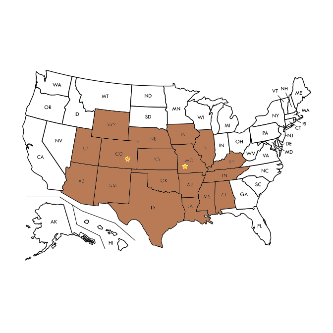 The Brown States indicate Log Masters Restorations service areas. The two stars indicate bases of operation.