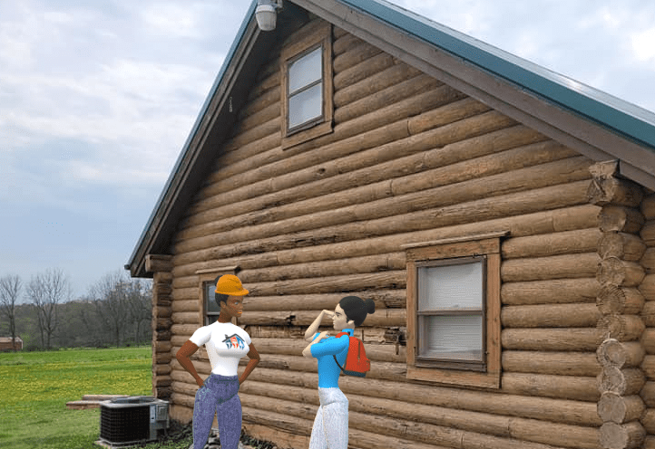 A log house that needs restoration is being inspected by two women.