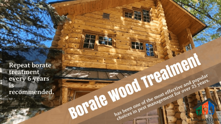 This image is of a 3 story log home that was recently media blasted exposing the wood log surfaces by Log Masters Restorations. The captions on the pictures say, "Repeat borate treatment every 6 years is recommended. Borate Wood Treatment has been one of the most effective and popular choices in pest management for over 25 years." Log Masters Restorations Trademark is in the bottom right corner.