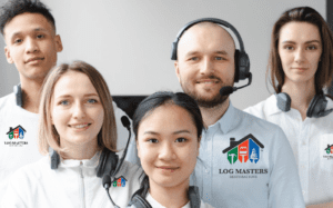 This is an image of five diverse people (two males and three females; all of different ethnic backgrounds) wearing customer service headsets and Log Master Shirts.